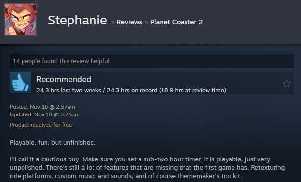 Screenshot showing Steam user reviews of Planet Coaster 2.